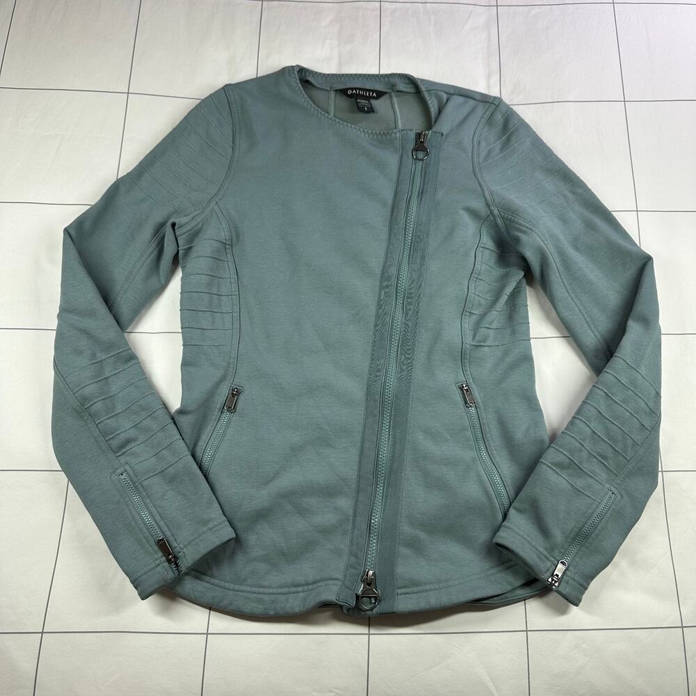 Athleta Jacket Womens Small Green Moto Full Zip Travel Commute Active Sporty - Picture 2 of 8
